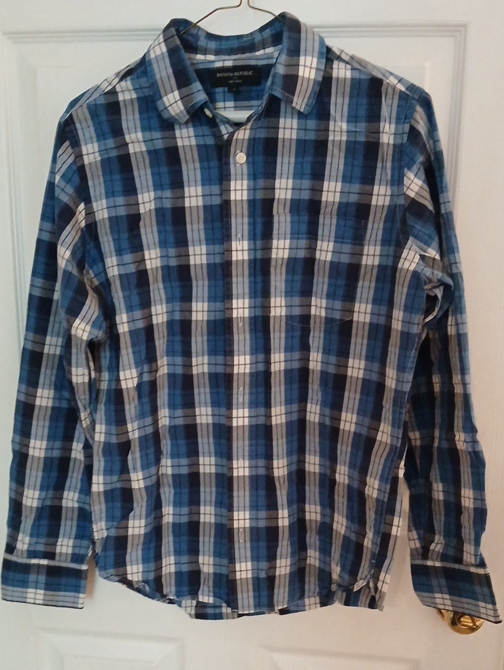 Banana Republic Men's Blue and White Plaid Button-Down Shirt